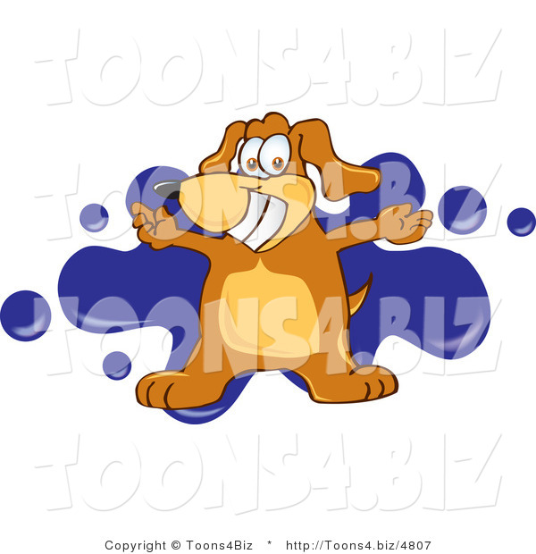 Vector Illustration of a Hound Dog Mascot with Open Arms over a Blue Splatter