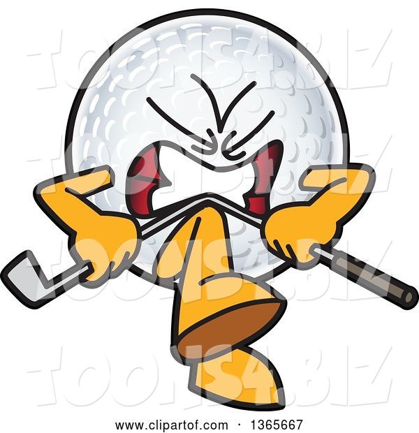 Vector Illustration of a Mad Cartoon Golf Ball Sports Mascot Breaking a Club over His Knee