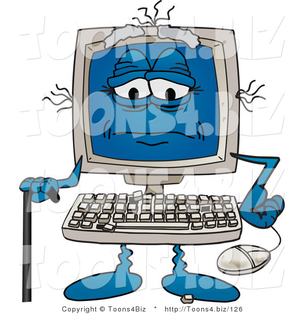 Vector Illustration of a Really Old Cartoon Computer Mascot with a Cane