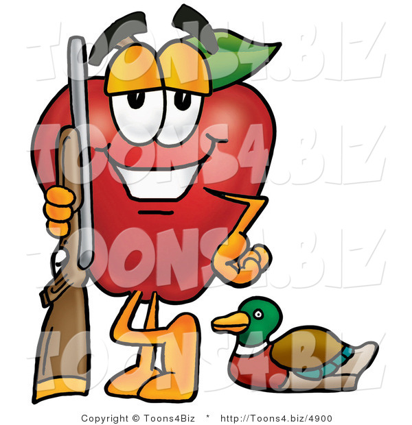 Vector Illustration of a Red Apple Mascot Duck Hunting, Standing with a Rifle and Duck