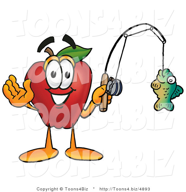 Vector Illustration of a Red Apple Mascot Holding a Fish on a Fishing Pole