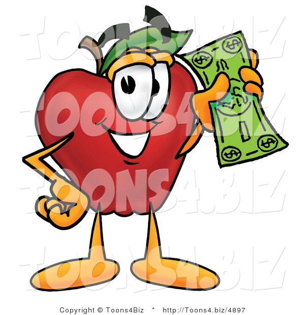 Vector Illustration of a Red Apple Mascot Holding a Green Dollar Bill, Paying or Saving