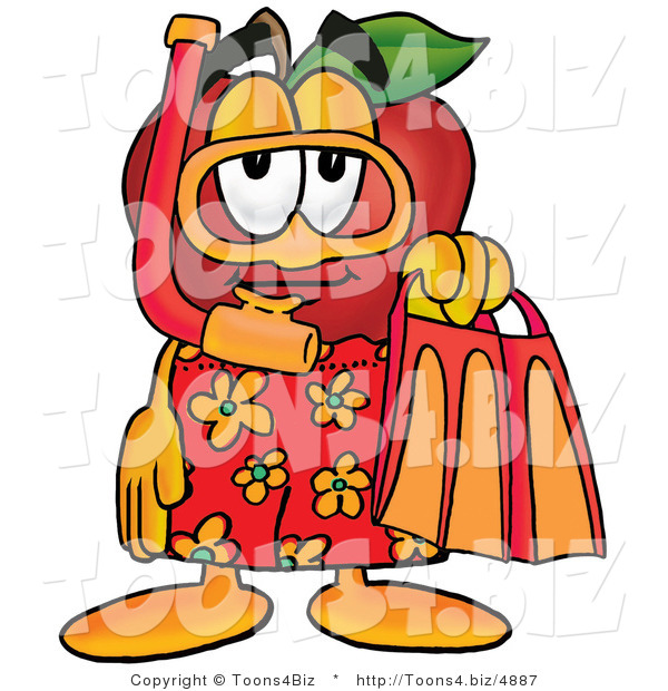 Vector Illustration of a Red Apple Mascot in Orange and Yellow Snorkel Gear
