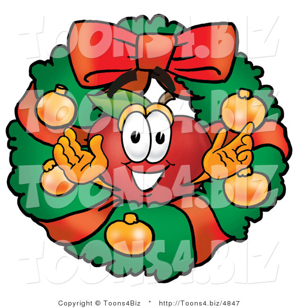 Vector Illustration of a Red Apple Mascot in the Center of a Christmas Wreath