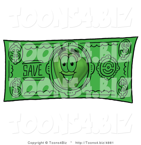 Vector Illustration of a Red Apple Mascot on a Green Dollar Bill