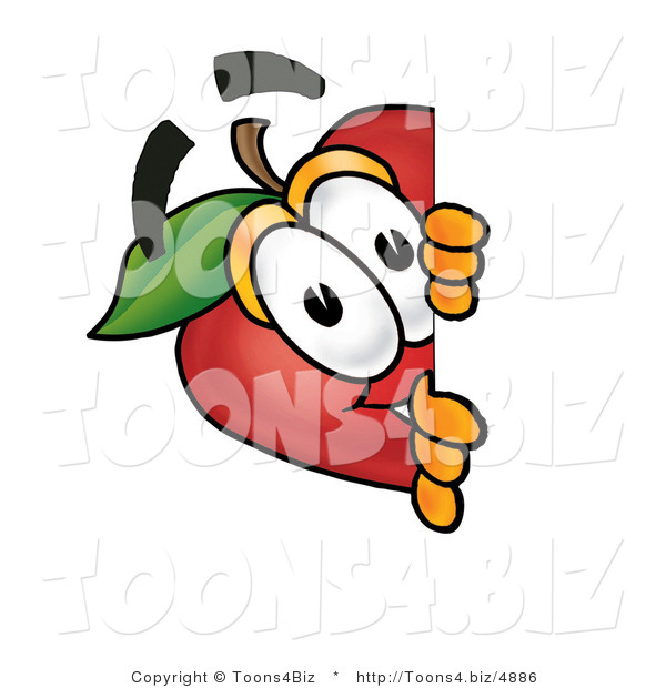 Vector Illustration of a Red Apple Mascot Peeking Around a Corner and Spying on Someone