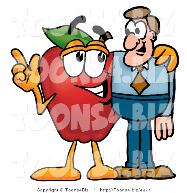 Vector Illustration of a Red Apple Mascot Talking Nutrition with a Business Man