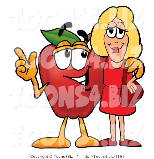 Vector Illustration of a Red Apple Mascot Talking Nutrition with a Pretty Blond Woman