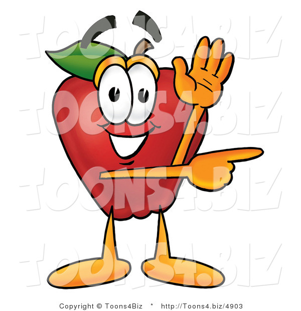 Vector Illustration of a Red Apple Mascot Waving and Pointing to the Right