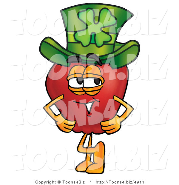 Vector Illustration of a Red Apple Mascot Wearing a Green Paddy's Day Hat with a Four Leaf Clover on It
