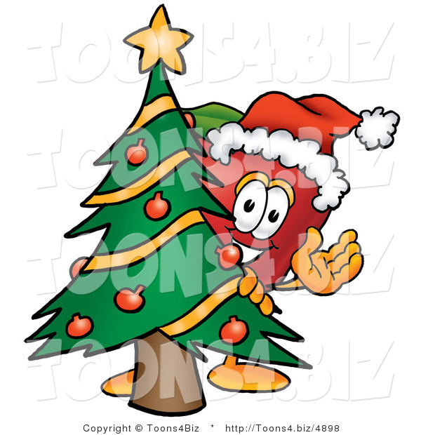 Vector Illustration of a Red Apple Mascot with a Decorated Christmas Tree
