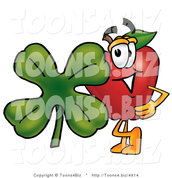 Vector Illustration of a Red Apple Mascot with a Green Four Leaf Clover on St Paddy's or St Patricks Day