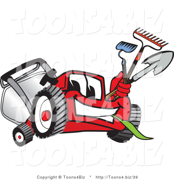 Vector Illustration of a Red Cartoon Lawn Mower Mascot Carrying a Hoe, Rake and Shovel While Gardening