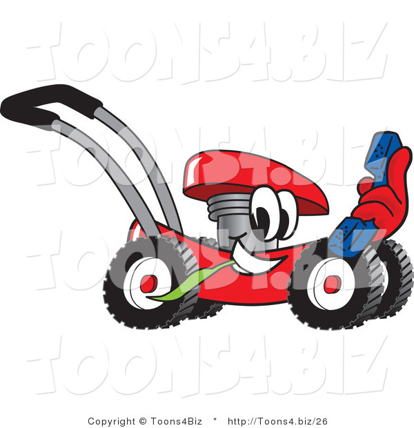 Vector Illustration of a Red Cartoon Lawn Mower Mascot Holding a Blue Telephone