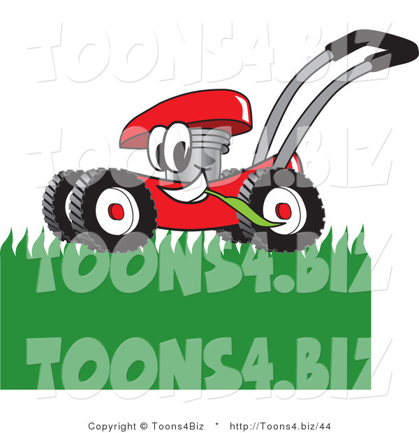 Vector Illustration of a Red Cartoon Lawn Mower Mascot Mowing Grass