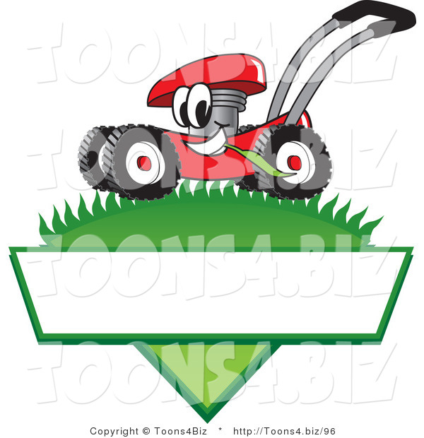 Vector Illustration of a Red Cartoon Lawn Mower Mascot Mowing Grass over a Blank White Label