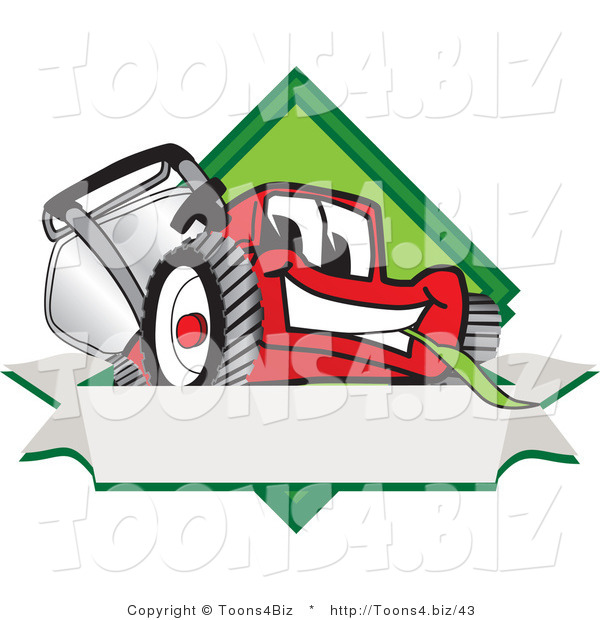 Vector Illustration of a Red Cartoon Lawn Mower Mascot on a Blank Label