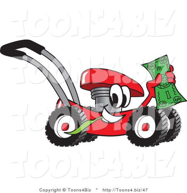 Vector Illustration of a Red Cartoon Lawn Mower Mascot Passing by and Carrying a Dollar Bill