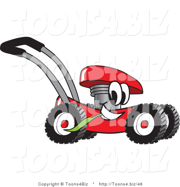 Vector Illustration of a Red Cartoon Lawn Mower Mascot Passing by and Chewing on a Blade of Grass