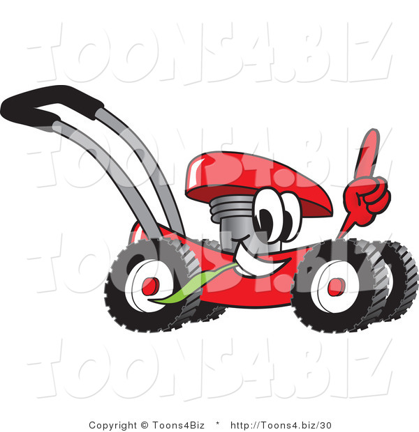 Vector Illustration of a Red Cartoon Lawn Mower Mascot Passing by and Pointing up