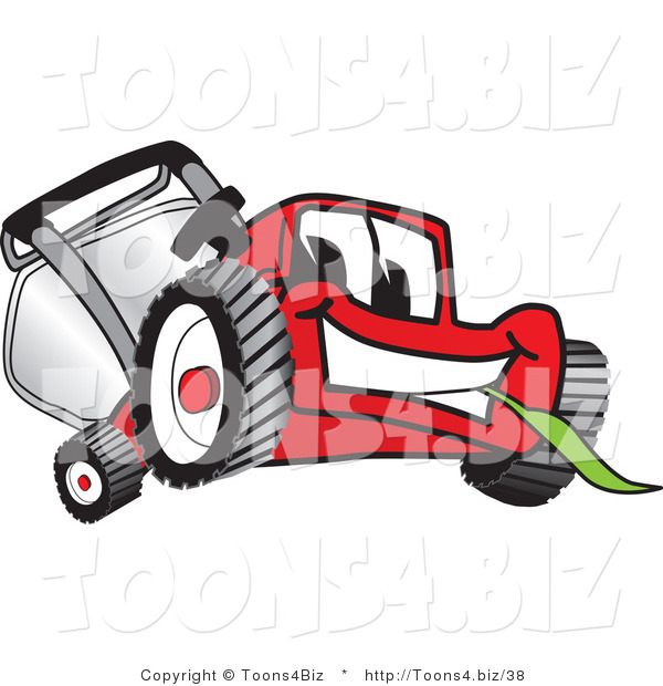 Vector Illustration of a Red Cartoon Lawn Mower Mascot Smiling and Eating Grass