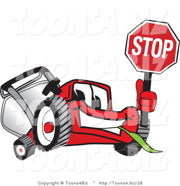 Vector Illustration of a Red Cartoon Lawn Mower Mascot Waving a Stop Sign
