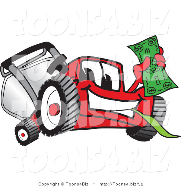 Vector Illustration of a Red Cartoon Lawn Mower Mascot Waving Cash
