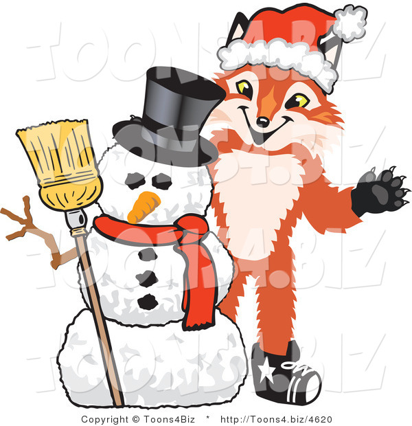 Vector Illustration of a Red Fox Mascot with a Snowman on Christmas