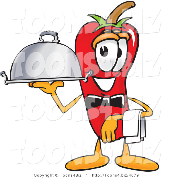 Vector Illustration of a Red Hot Chili Pepper Mascot Holding a Serving Platter