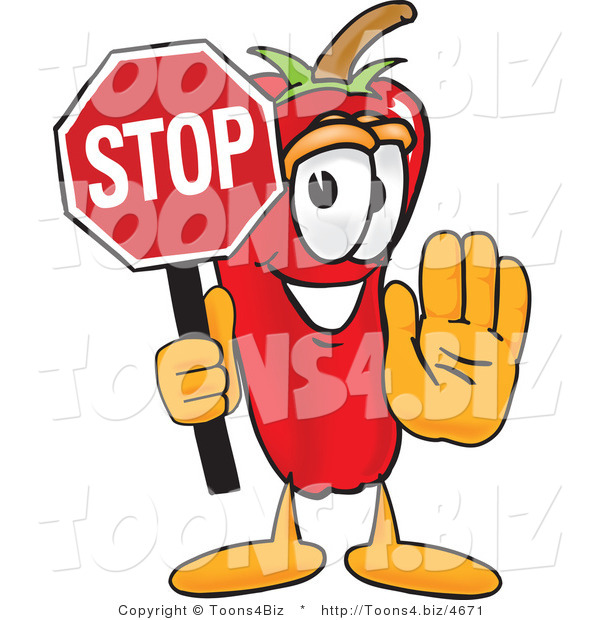 Vector Illustration of a Red Hot Chili Pepper Mascot Holding a Stop Sign