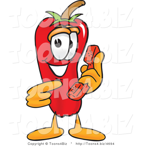 Vector Illustration of a Red Hot Chili Pepper Mascot Holding a Telephone