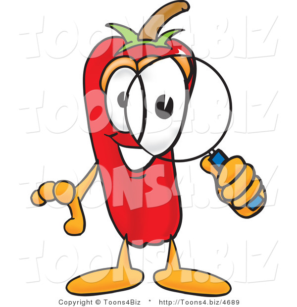 Vector Illustration of a Red Hot Chili Pepper Mascot Looking Through a Magnifying Glass