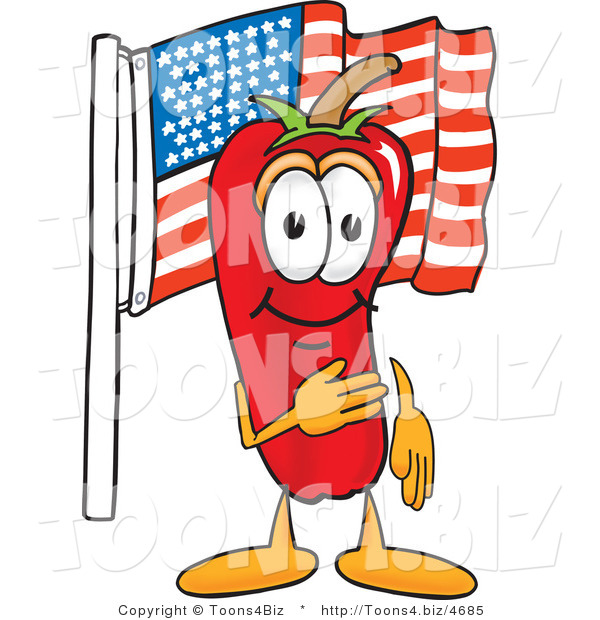 Vector Illustration of a Red Hot Chili Pepper Mascot Pledging Allegiance to the American Flag