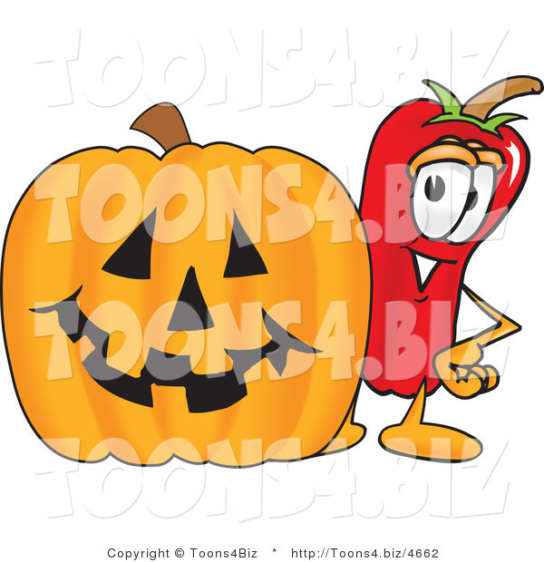 Vector Illustration of a Red Hot Chili Pepper Mascot Standing with a Carved Halloween Pumpkin