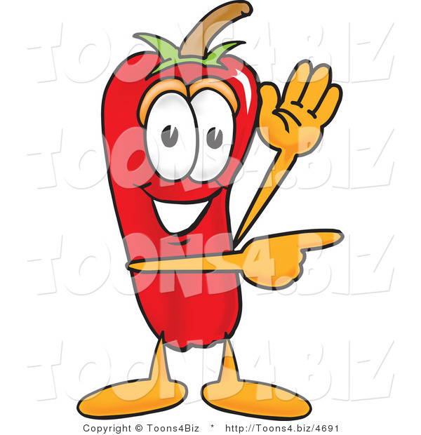 Vector Illustration of a Red Hot Chili Pepper Mascot Waving and Pointing