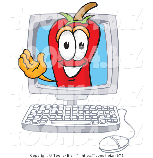 Vector Illustration of a Red Hot Chili Pepper Mascot Waving in a Computer Screen