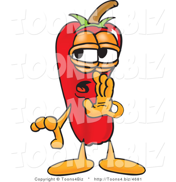 Vector Illustration of a Red Hot Chili Pepper Mascot Whispering and Gossiping