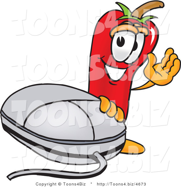 Vector Illustration of a Red Hot Chili Pepper Mascot with a Computer Mouse