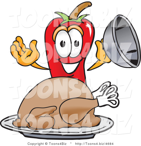 Vector Illustration of a Red Hot Chili Pepper Mascot with a Turkey in a Platter