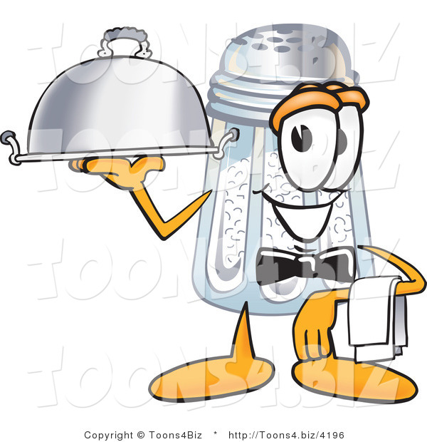 Vector Illustration of a Salt Shaker Mascot Dressed As a Waiter and Holding a Serving Platter