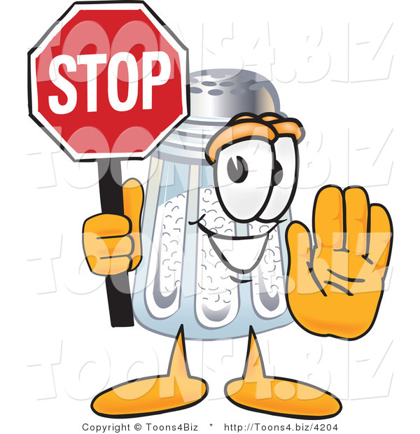 Vector Illustration of a Salt Shaker Mascot Holding a Stop Sign
