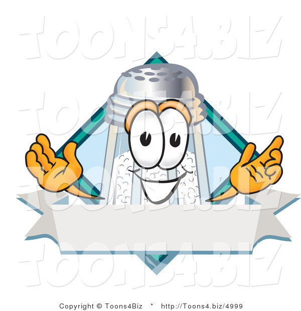 Vector Illustration of a Salt Shaker Mascot on a Blank Blue Label with a Banner and Diamond