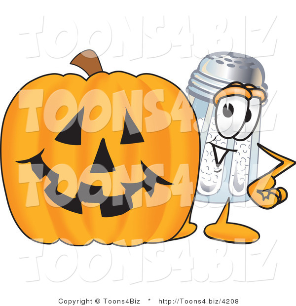 Vector Illustration of a Salt Shaker Mascot with a Carved Halloween Pumpkin