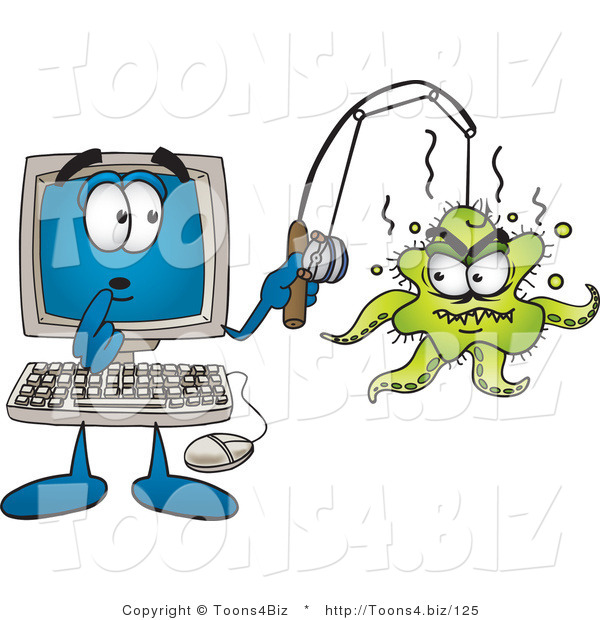 Vector Illustration of a Shocked Cartoon Computer Mascot with an Octopus on His Fishing Line