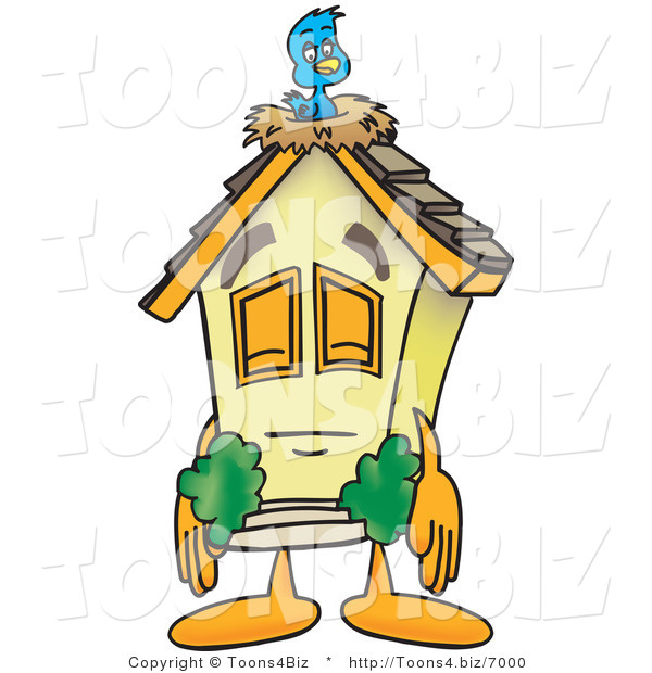 Vector Illustration of a Sleepy Cartoon Home Mascot Sleeping with a Bird on Roof
