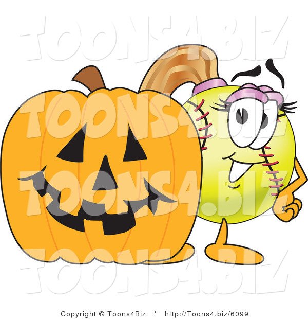 Vector Illustration of a Softball Girl Mascot by a Halloween Pumpkin