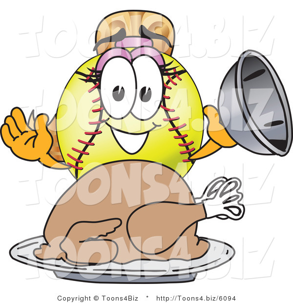 Vector Illustration of a Softball Girl Mascot Serving a Thanksgiving Turkey