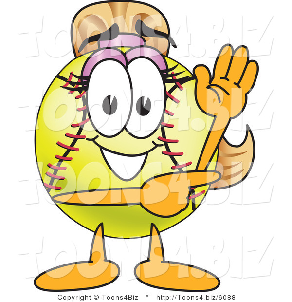 Vector Illustration of a Softball Girl Mascot Waving and Pointing