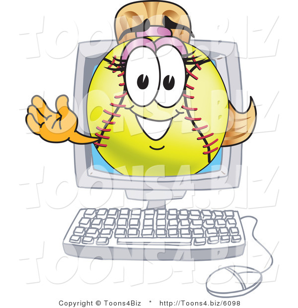 Vector Illustration of a Softball Girl Mascot Waving from a Computer Screen