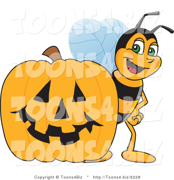 Vector Illustration of a Worker Bee Mascot by a Halloween Pumpkin